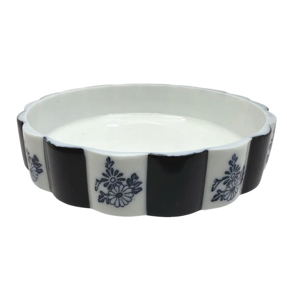 Japanese Blue & White Porcelain Bowl‎ Chrysanthemum Fluted Rim Striped 6